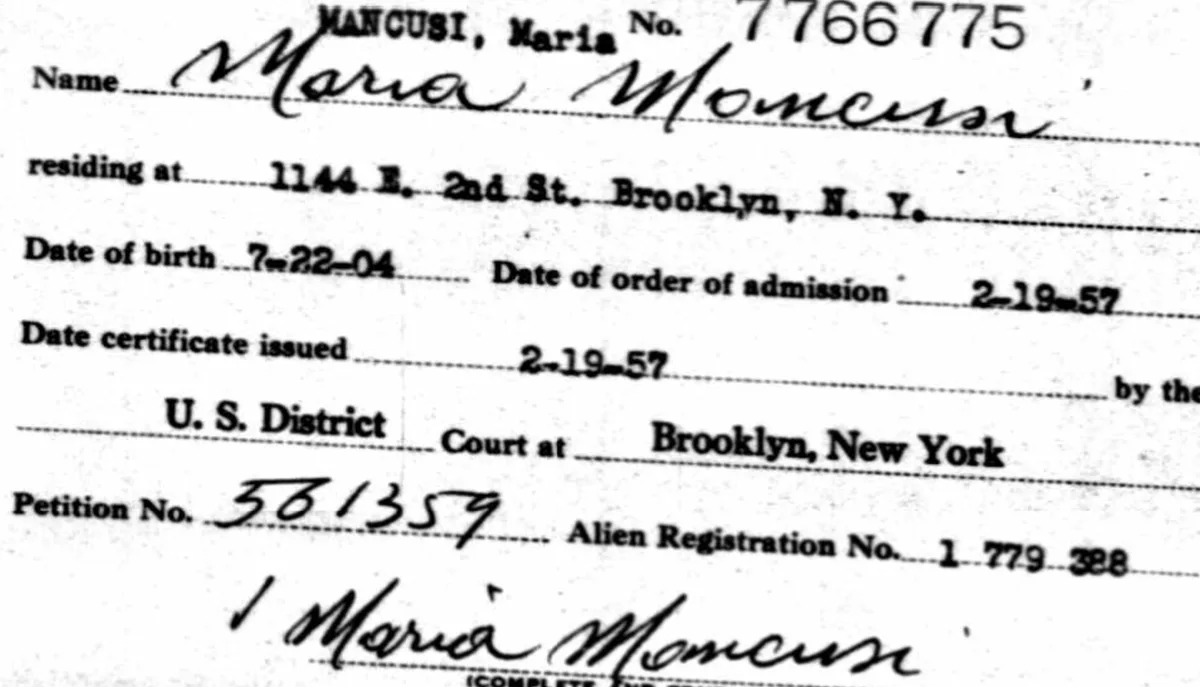 Naturalization index card for Maria Mancusi, born 1904, U.S. District Court at Brooklyn, New York, certificate issued February 19, 1957.